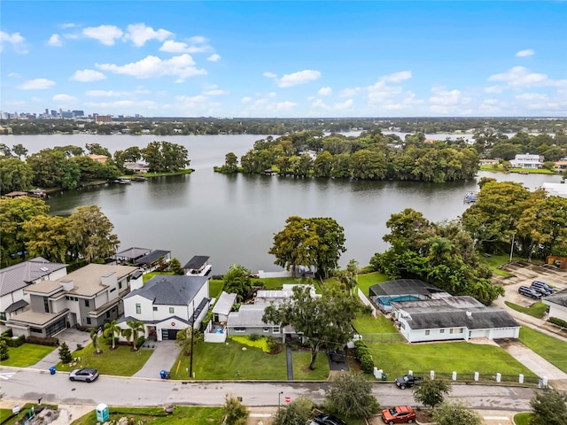 drone / aerial view with a water view