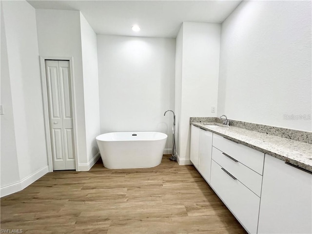 bathroom featuring vanity, wood-type flooring, and a tub to relax in