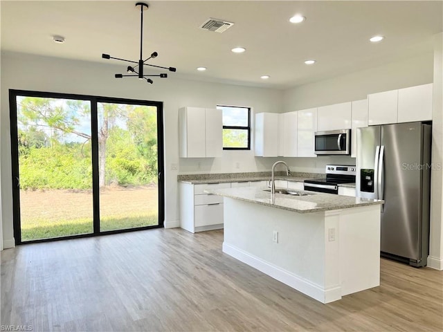 kitchen featuring a kitchen island with sink, sink, white cabinetry, and stainless steel appliances