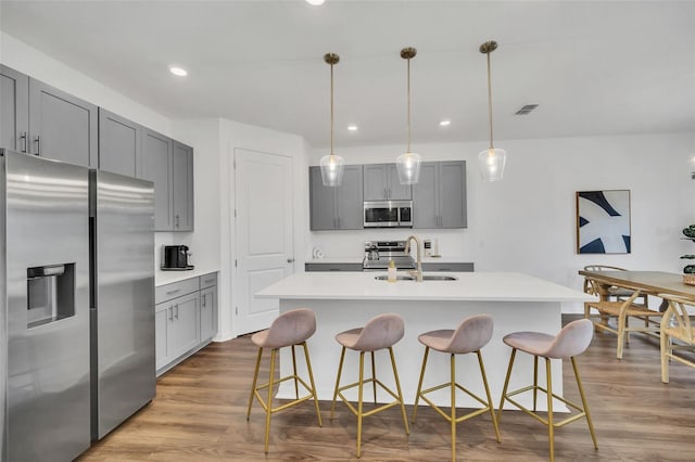 kitchen featuring sink, an island with sink, stainless steel appliances, gray cabinets, and light hardwood / wood-style flooring