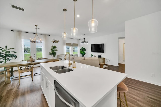 kitchen with a healthy amount of sunlight, a kitchen island with sink, sink, and dishwasher