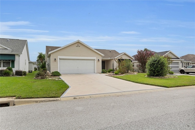 ranch-style home featuring a garage and a front lawn