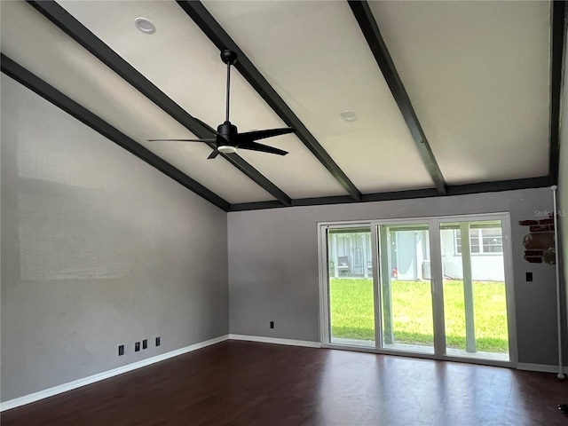 unfurnished room featuring hardwood / wood-style floors, lofted ceiling with beams, and ceiling fan