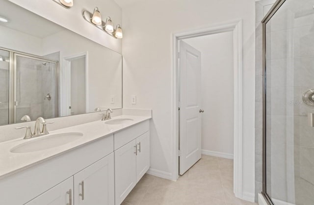 bathroom with vanity, tile patterned floors, and walk in shower