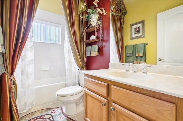 full bathroom with shower / bath combination with curtain, toilet, tile patterned flooring, and vanity