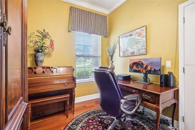 office with ornamental molding and light hardwood / wood-style flooring