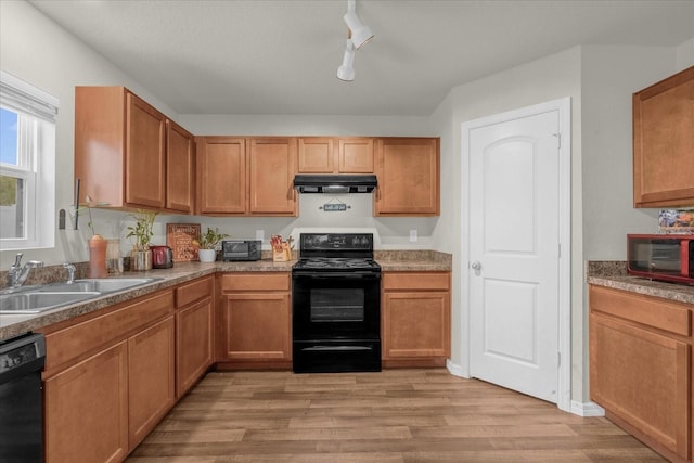 kitchen featuring light hardwood / wood-style floors, black appliances, and sink