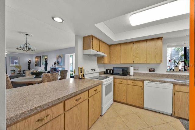 kitchen featuring a notable chandelier, light tile patterned floors, light brown cabinetry, pendant lighting, and white appliances