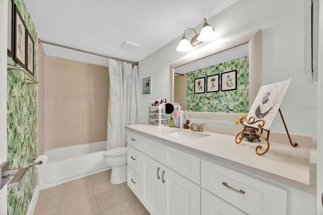 full bathroom featuring shower / tub combo with curtain, vanity, toilet, and tile patterned flooring