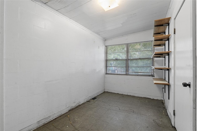 spare room featuring ornamental molding and lofted ceiling