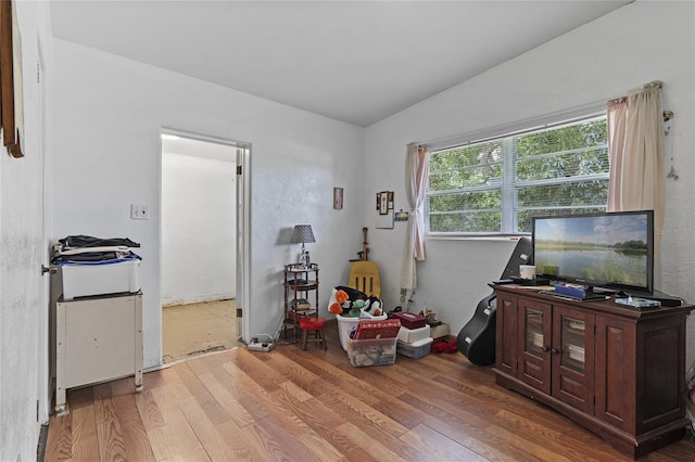 miscellaneous room with hardwood / wood-style flooring and vaulted ceiling