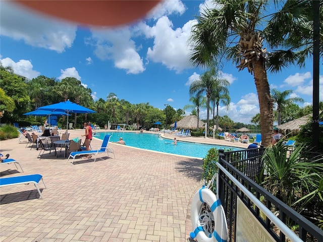 view of swimming pool with a patio