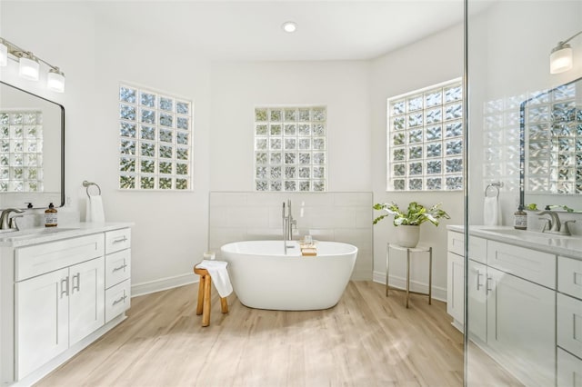 bathroom with vanity, wood-type flooring, and a bathing tub