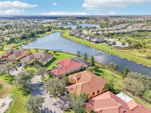 drone / aerial view with a water view