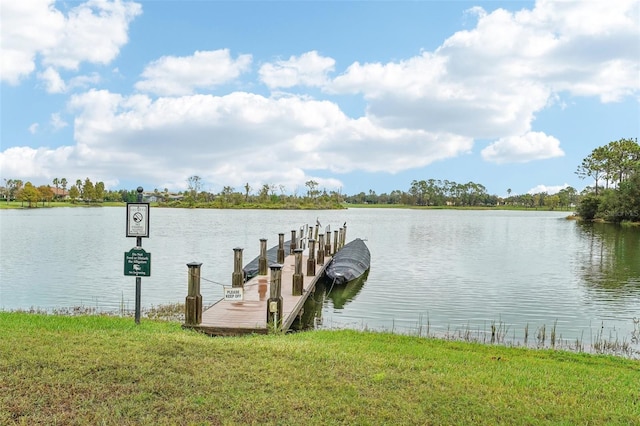 dock area featuring a yard and a water view