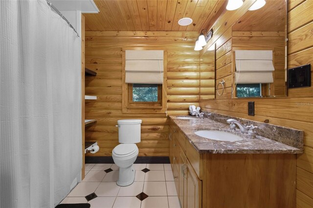 bathroom featuring vanity, wood ceiling, rustic walls, and toilet