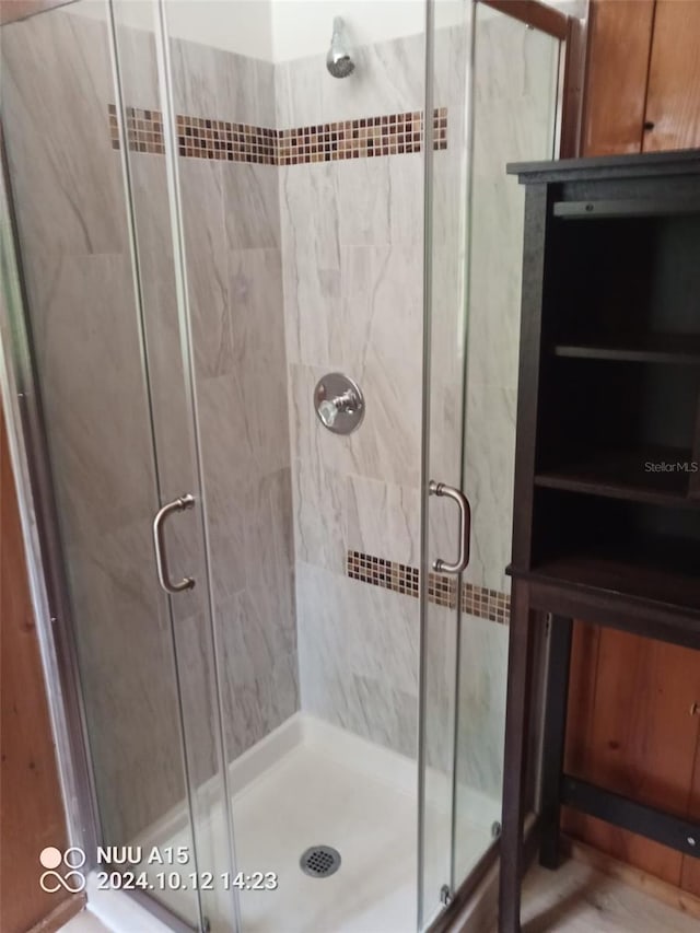 bathroom featuring a shower with door