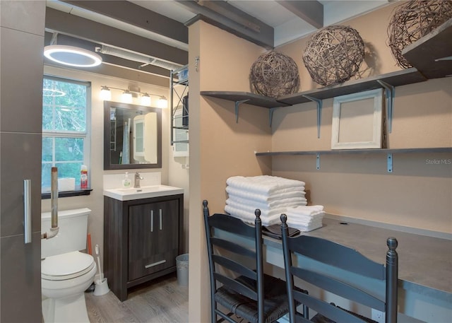 bathroom with toilet, hardwood / wood-style floors, and vanity