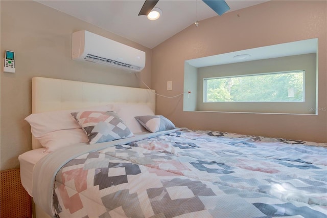 bedroom with an AC wall unit, vaulted ceiling, and ceiling fan