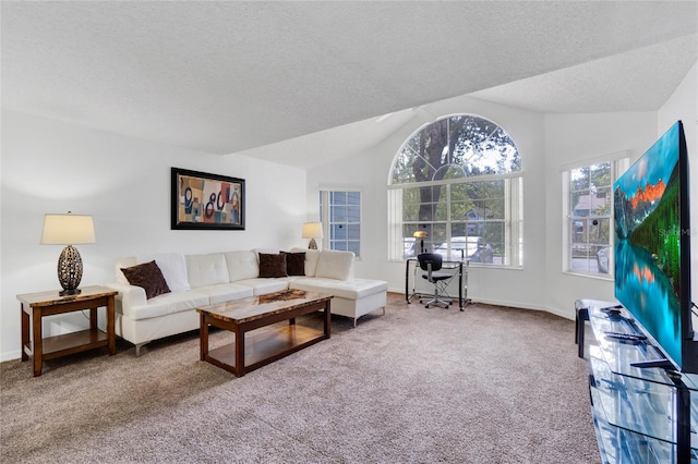 carpeted living room with a textured ceiling and vaulted ceiling