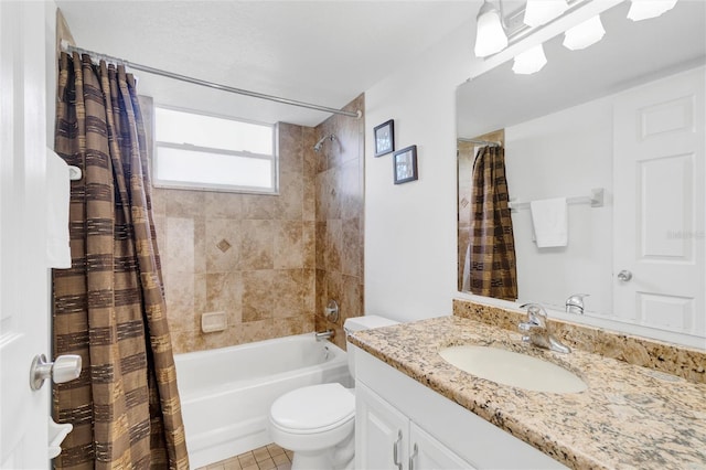 full bathroom featuring vanity, tile patterned floors, toilet, and shower / bathtub combination with curtain