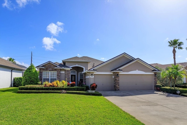 ranch-style home with a front lawn and a garage