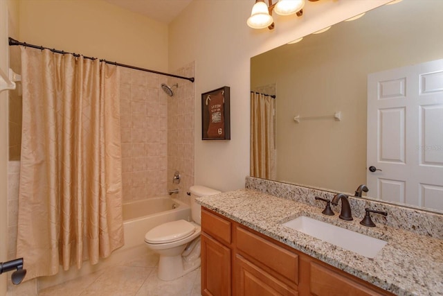 full bathroom featuring toilet, vanity, shower / bath combination with curtain, and tile patterned floors