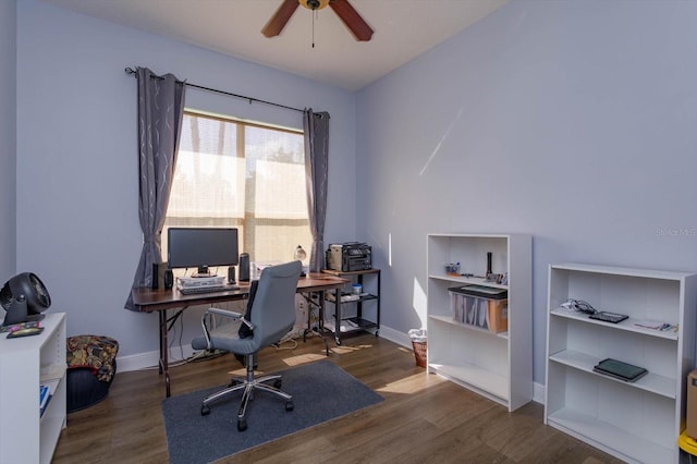 office with ceiling fan and dark hardwood / wood-style flooring