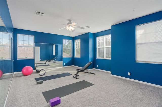 exercise room featuring ceiling fan and carpet floors