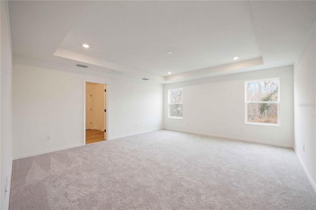 unfurnished room with a raised ceiling and light carpet