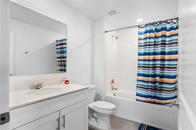 full bathroom with toilet, shower / bath combo with shower curtain, and vanity