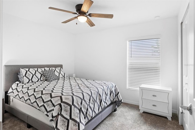 bedroom with light carpet and ceiling fan