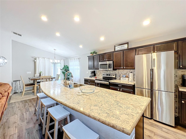 kitchen featuring lofted ceiling, a center island with sink, sink, light wood-type flooring, and appliances with stainless steel finishes