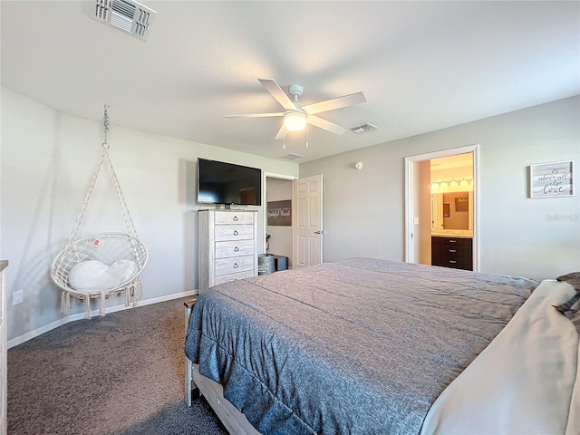 carpeted bedroom with connected bathroom and ceiling fan