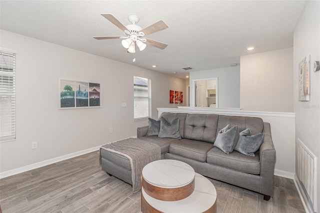 living room featuring ceiling fan and wood-type flooring