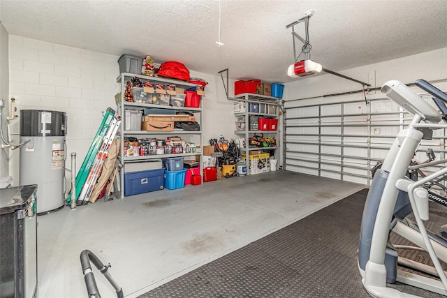 garage featuring a garage door opener and water heater