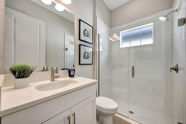 bathroom with vanity, an enclosed shower, and toilet