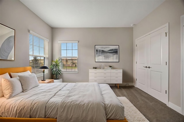 bedroom featuring dark carpet