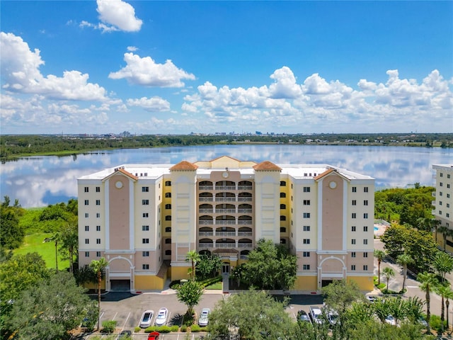 exterior space with a water view