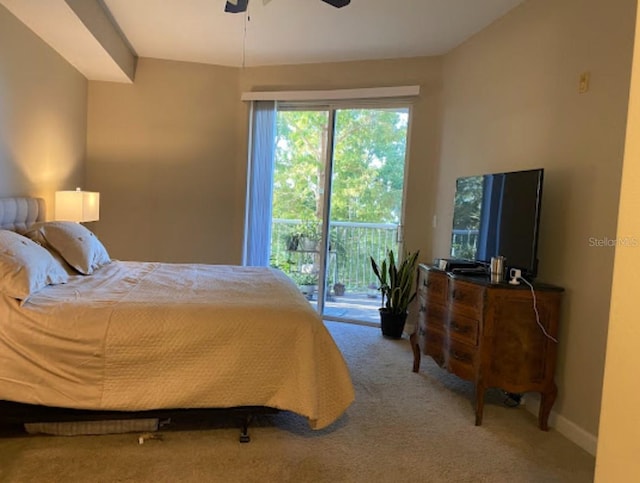 carpeted bedroom featuring ceiling fan, access to outside, and baseboards