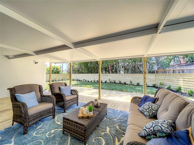 view of patio / terrace with an outdoor living space and a wooden deck