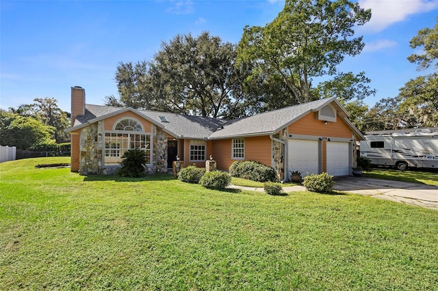 ranch-style house with a front lawn and a garage