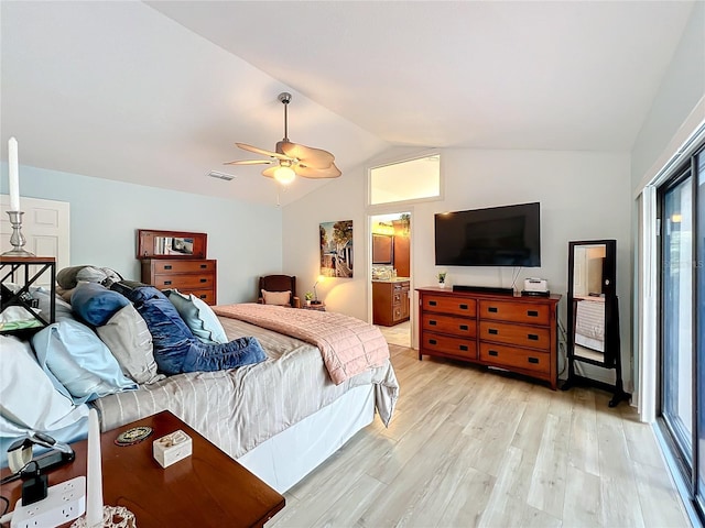 bedroom with multiple windows, light hardwood / wood-style floors, lofted ceiling, and ceiling fan