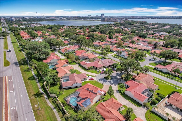 bird's eye view with a water view