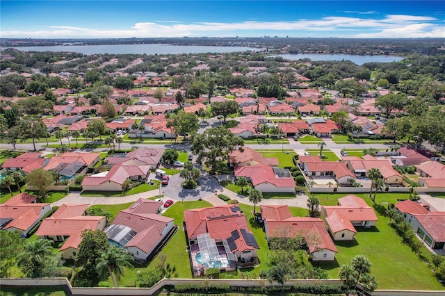 bird's eye view with a water view