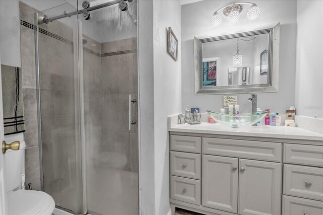 bathroom with vanity, a shower with door, and toilet