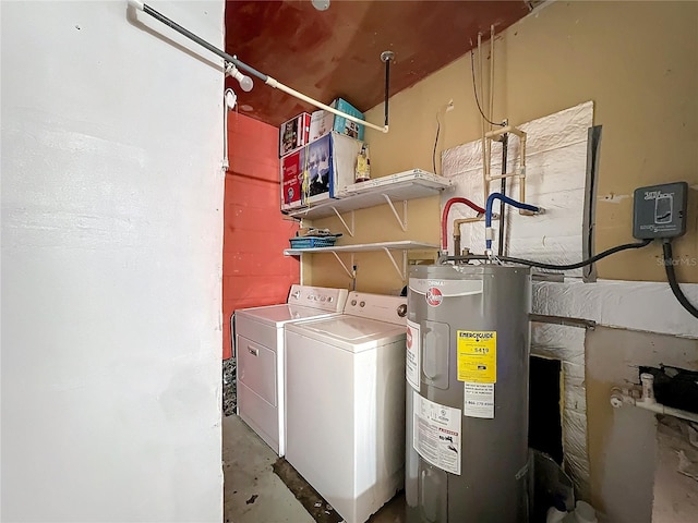 laundry room featuring water heater and washing machine and clothes dryer