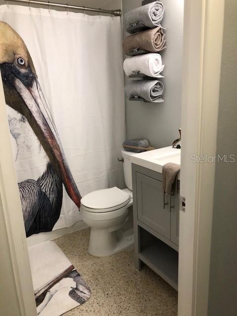 bathroom with toilet, vanity, and speckled floor