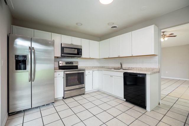 kitchen with appliances with stainless steel finishes, white cabinets, tasteful backsplash, and sink