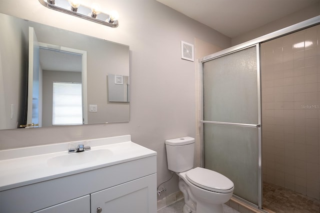 bathroom with toilet, a stall shower, vanity, and visible vents